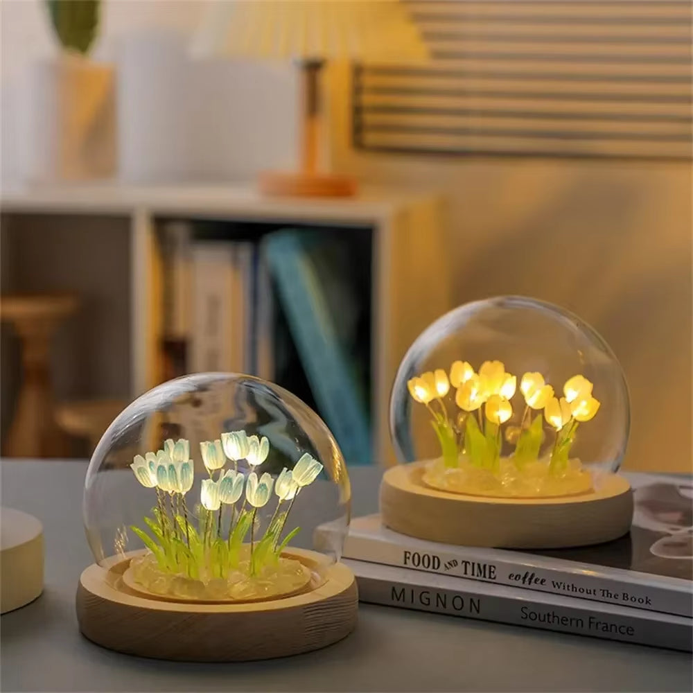 Artificial Tulip Night Light with Transparent Cover Handmade DIY Bedside Lamp LED Night Light Home Decoration Atmosphere Light
