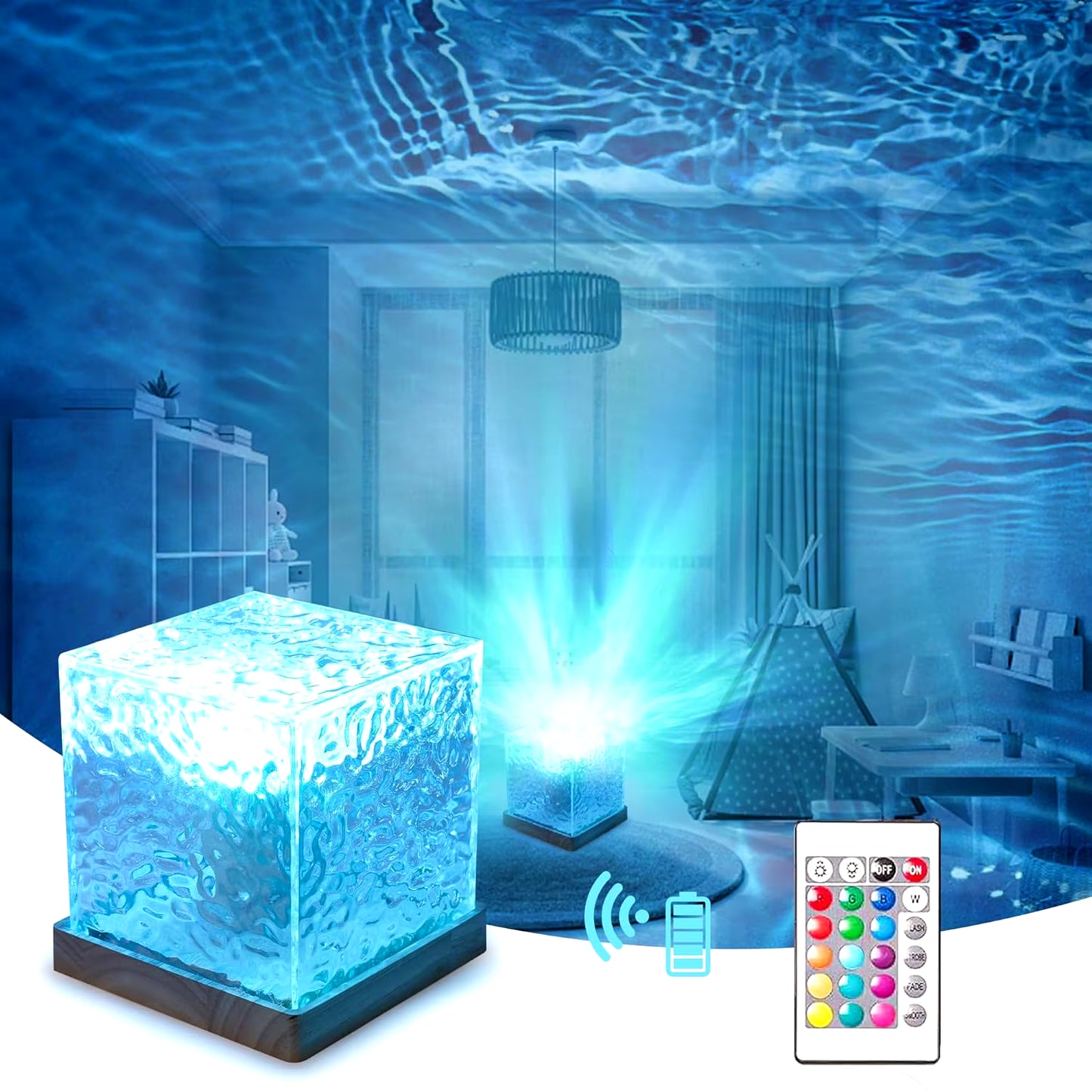 16Colors Rechargeable Dynamic Rotating Water Ripple Projector Night Light Flame Crystal Lamp for Living Room Study Bedroom Light