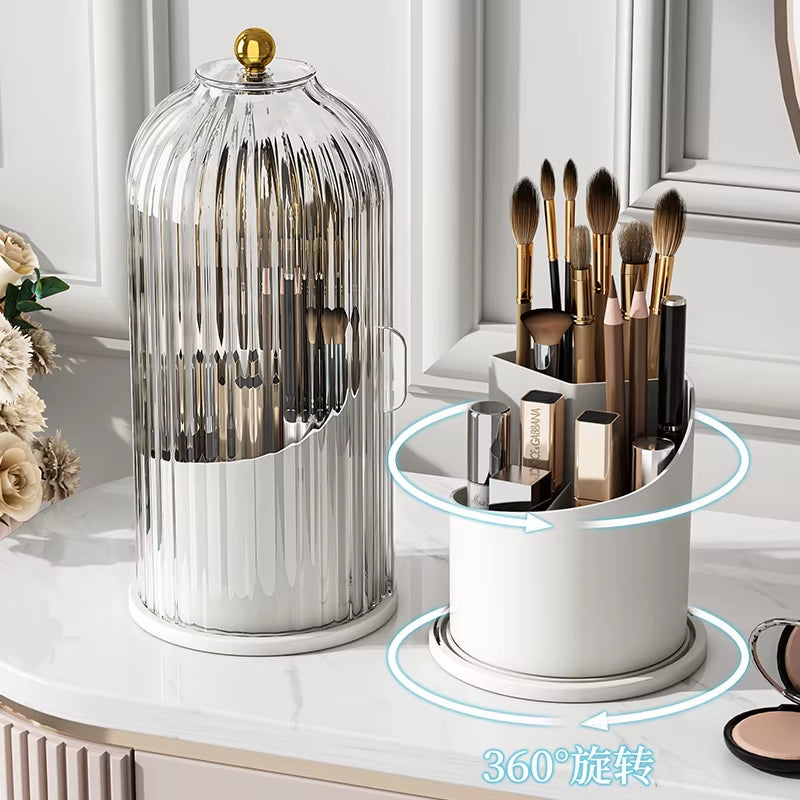360° Rotating Makeup Brush Holder with Lid Lipstick Eyebrow Pencil Holder Eye Shadow Storage Box Desk Cosmetic Tools Organizer